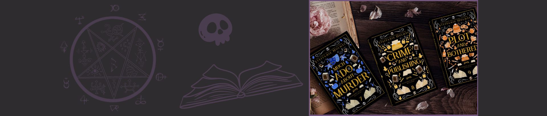 luxe hardcover editions of three nevermore books on a wooden table with scattered flower petals. Background has occult symbol, skull and open book graphics