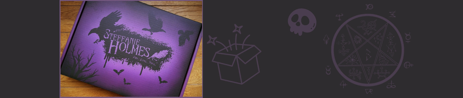 steffanie holmes custom printed giftbox, purple with black logo and raven silhouettes. Background has occult symbol, skull and box graphics