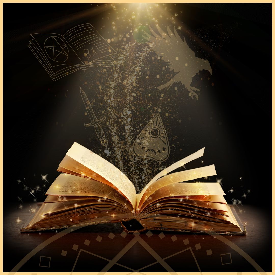 open book with a fountain of golden sparkles. Dagger, book, raven and planchette silhouettes in background